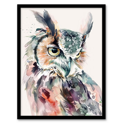 Artery8 Great Horned Owl Portrait Modern Watercolour Wall Art PrintA4 Size from B&Q