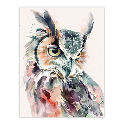 Artery8 Unframed Wall Art Great Horned Owl Portrait Modern Watercolour12X16 Inch from B&Q