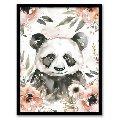 Artery8 Sweet Panda Watercolour Portrait Wildflowers Cute Wall Art PrintA4 Size from B&Q