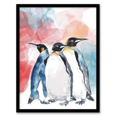 Artery8 Framed Wall Art Three Penguins Colourful Animal Watercolour Print12X16 Inch from B&Q