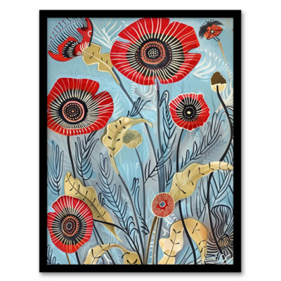 Artery8 Poppy Flowers Modern Folk Art Painting Quirky Wall Art PrintA4 Size from B&Q
