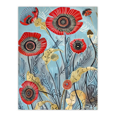 Artery8 Unframed Wall Art Poppy Flowers Modern Folk Art Painting Quirky12X16 Inch from B&Q