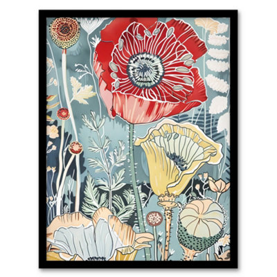 Artery8 Stylised Poppy Flowers Pastel Colour Design Wall Art PrintA4 Size from B&Q