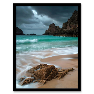 Artery8 Framed Wall Art Porthcurno Beach Cliffs Dramatic Landscape Print12X16 Inch from B&Q