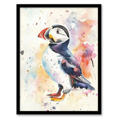 Artery8 Framed Wall Art Cute Puffin Bird Colourful Watercolour Portrait Print12X16 Inch from B&Q