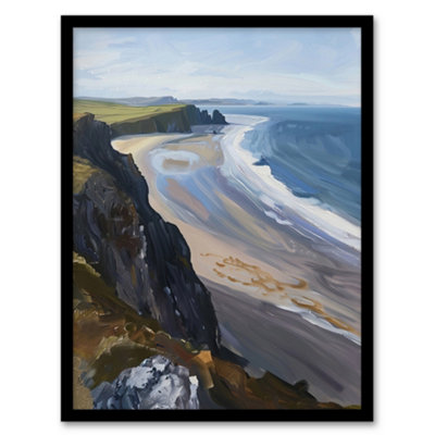Artery8 Framed Wall Art Rhossili Bay Coastal Cliff Landscape Oil Painting Print12X16 Inch from B&Q