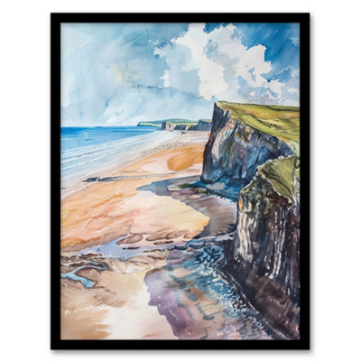 Artery8 Framed Wall Art Rhossili Bay Coastal Cliff Landscape Watercolour Print12X16 Inch from B&Q