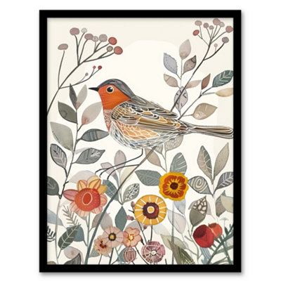 Artery8 Robin Bird Garden Flowers Bright Folk Art Wall Art PrintA4 Size from B&Q