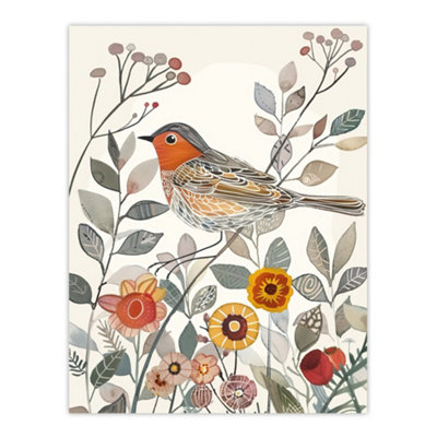 B&Q -  Unframed Wall Art Robin Bird Garden Flowers Bright Folk12X16 Inch