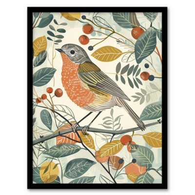 Artery8 Robin Bird Garden Shrub Leaves Bright Painting Wall Art PrintA4 Size from B&Q