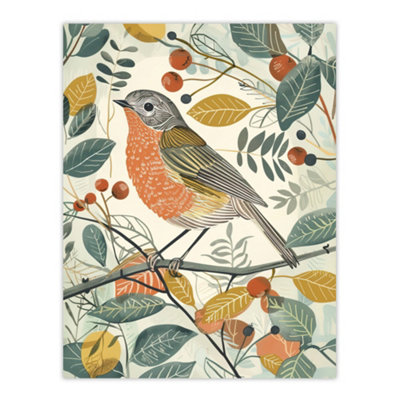 Artery8 Unframed Wall Art Robin Bird Garden Shrub Leaves Bright Painting12X16 Inch from B&Q