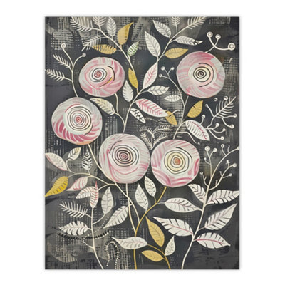 B&Q -  Unframed Wall Art Rose Flowers Pink Grey Folk Art Patterns12X16 Inch