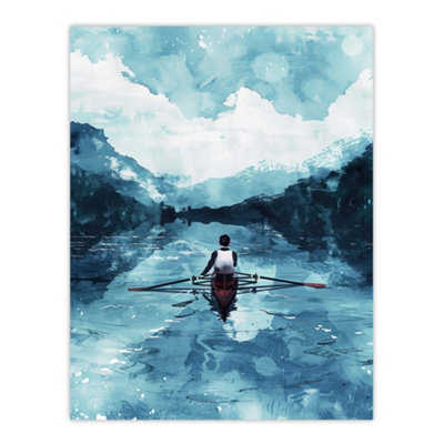 Artery8 Unframed Wall Art Rowing Boat Blue Watercolour Coastal Landscape12X16 Inch from B&Q