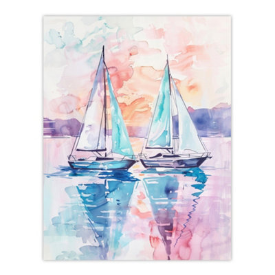 Artery8 Unframed Wall Art Sailboats At Sunset Seascape Watercolour Painting12X16 Inch from B&Q