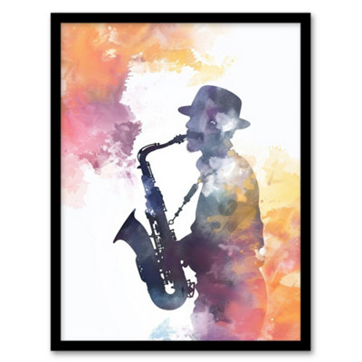 Artery8 Framed Wall Art Saxophone Jazz Musician Orange Purple Watercolour Print12X16 Inch from B&Q