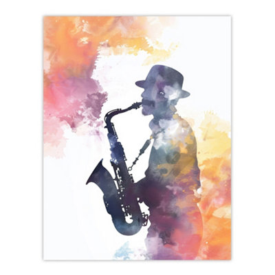 B&Q -  Unframed Wall Art Saxophone Jazz Musician Orange Purple Watercolour12X16 Inch