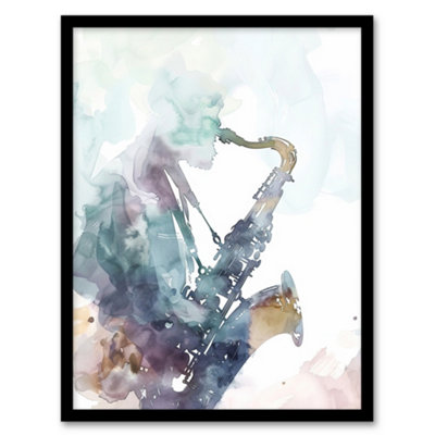 Artery8 Framed Wall Art Abstract Saxophone Jazz Musician Watercolour Print12X16 Inch from B&Q