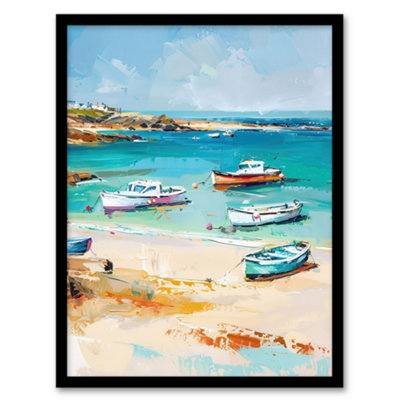 Artery8 Framed Wall Art Sandy Beach Bay Fishing Boats Coastal Landscape Print12X16 Inch from B&Q