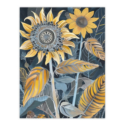 Artery8 Unframed Wall Art Stylised Sunflower Yellow Blue Pattern Painting12X16 Inch from B&Q