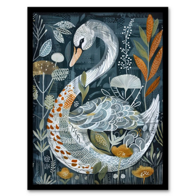 Artery8 Framed Wall Art Stylised Nature Pattern Swan Folk Art Painting Print12X16 Inch from B&Q
