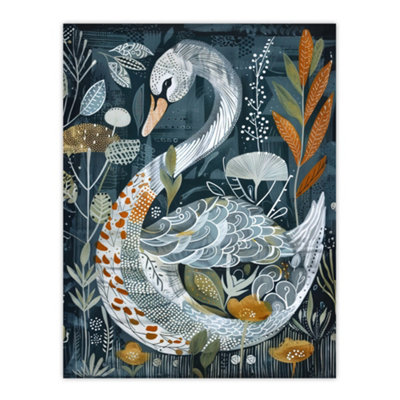 Artery8 Unframed Wall Art Stylised Nature Pattern Swan Folk Art Painting12X16 Inch from B&Q