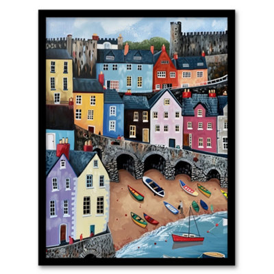 Artery8 Framed Wall Art Tenby Harbour Beach Colourful Coastal Townscape Print12X16 Inch from B&Q