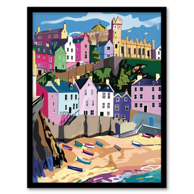 Artery8 Framed Wall Art Tenby Harbour Beach Coastal Townscape Colourful Print12X16 Inch from B&Q