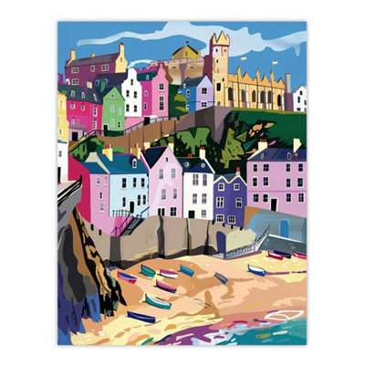 Artery8 Unframed Wall Art Tenby Harbour Beach Coastal Townscape Colourful12X16 Inch from B&Q