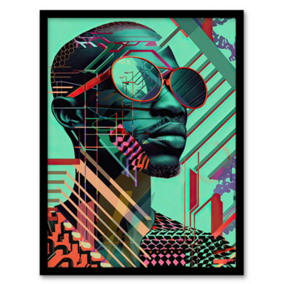 Artery8 Futuristic African Man Shades Portrait Teal Bold Wall Art PrintA4 Size from B&Q
