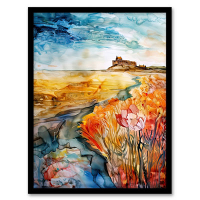 Artery8 Colourful Watercolour Bamburgh Castle View Floral Wall Art PrintA4 Size from B&Q