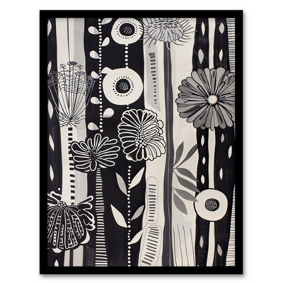Artery8 Black White Striped Wildflowers Artwork Floral Wall Art PrintA4 Size from B&Q