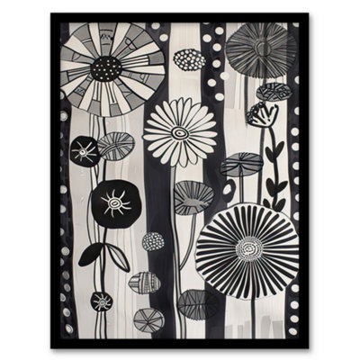 Artery8 Abstract Black White Wildflowers Stripes Artwork Wall Art PrintA4 Size from B&Q