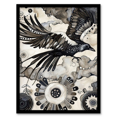 B&Q -  Flying Black Raven Painting Magic Mandala Dark Wall Art PrintA4 Size