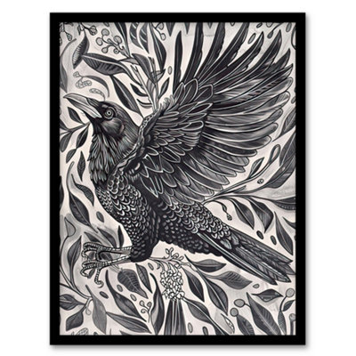 B&Q -  Wild Black Raven In Flight Painting Magic Gothic Wall Art PrintA4 Size