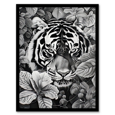 B&Q -  Black White Tiger Jungle Botanical Portrait Wall Art PrintA4 Size