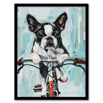 Artery8 Boston Terrier Dog Lover Bicycle Oil Painting Fun Wall Art PrintA4 Size from B&Q