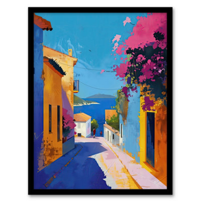Artery8 Santorini Seaside Coastal Town Painting Colourful Wall Art PrintA4 Size from B&Q