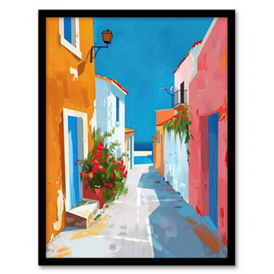 Artery8 Greek Coastal Village Street Painting Calm Sunny Wall Art PrintA4 Size from B&Q