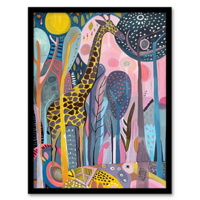 Artery8 Quirky Giraffe Folk Art Colourful Trees Painting Wall Art PrintA4 Size from B&Q
