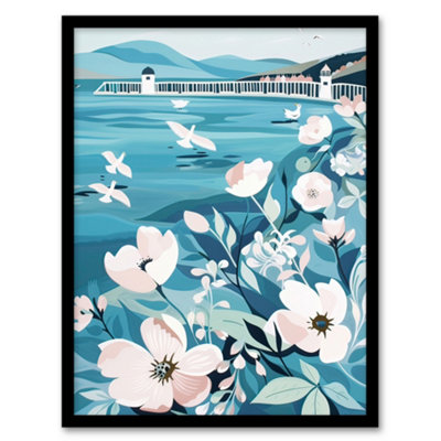 Artery8 Coastal Scottish Pier Seagulls Floral Painting Wall Art PrintA4 Size from B&Q