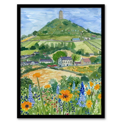 Artery8 Glastonbury Tor Spring Floral Somerset Painting Wall Art PrintA4 Size from B&Q