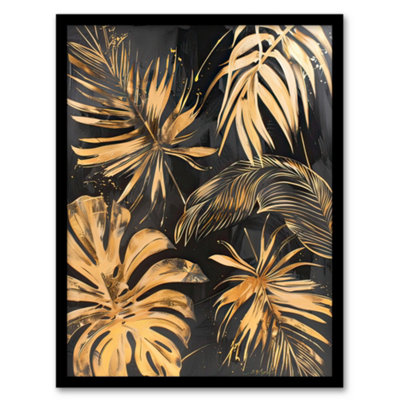 Artery8 Golden Monstera Leaf Palm Frond Dark Plant Lover Wall Art PrintA4 Size from B&Q