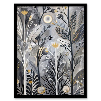 Artery8 Wildflower Meadow Grey Orange Botanical Folk Art Wall Art PrintA4 Size from B&Q