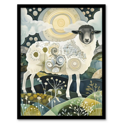 Artery8 Stylised Sheep With Patterns Full Moon Folk Art Wall Art PrintA4 Size