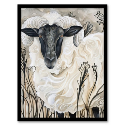 Artery8 Stylised Ram Sheep Animal Portrait Painting Wall Art PrintA4 Size from B&Q