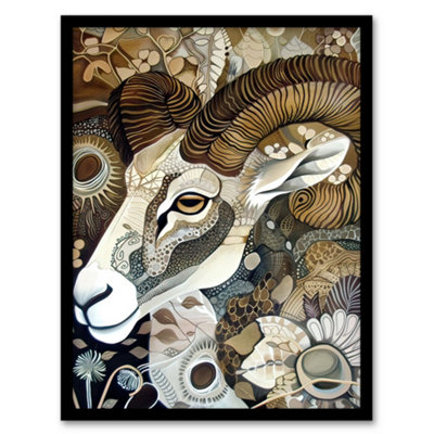 Artery8 Bighorn Sheep Abstract Floral Patter Folk Art Wall Art PrintA4 Size from B&Q
