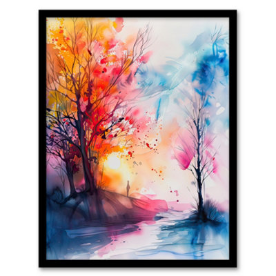 Artery8 Autumn Forest Sunrise Dream Watercolour Painting Wall Art PrintA4 Size from B&Q
