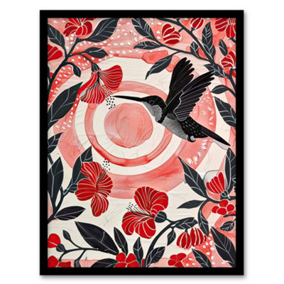 Artery8 Hibiscus Flowers Hummingbird Red Black Sunset Sun Wall Art PrintA4 Size from B&Q