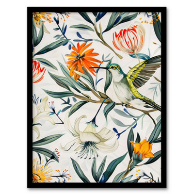 Artery8 Bright Exotic Flower Pattern With Hummingbird Wall Art PrintA4 Size from B&Q