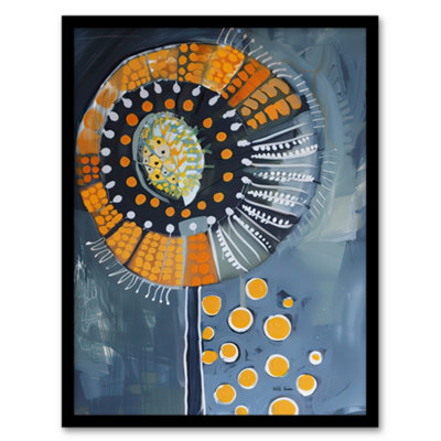 Artery8 Abstract Dandelion Orange Blue Floral Folk Art Wall Art PrintA4 Size from B&Q